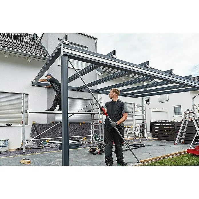 Bessey Montagestütze STE 250 - Verstellbereich: 145 cm - 250 cm - Montage einer modernen Terrassenüberdachung aus Aluminium, die Schutz und stilvolles Design für den Außenbereich bietet.