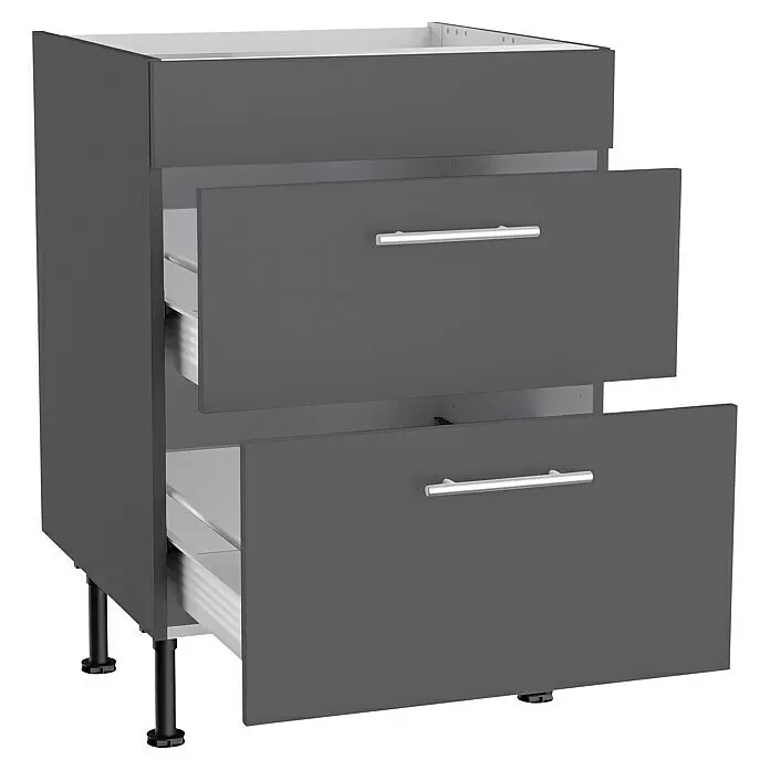 Optifit Küchen-Unterschrank Ingvar420 - L x B x H: 58,1 x 60 x 87 cm, Anthrazit matt, Für Kochfeld - Anthrazitfarbener Küchenunterschrank mit zwei geöffneten Schubladen, silberfarbenen Metallgriffen und schwarzen verstellbaren Beinen.