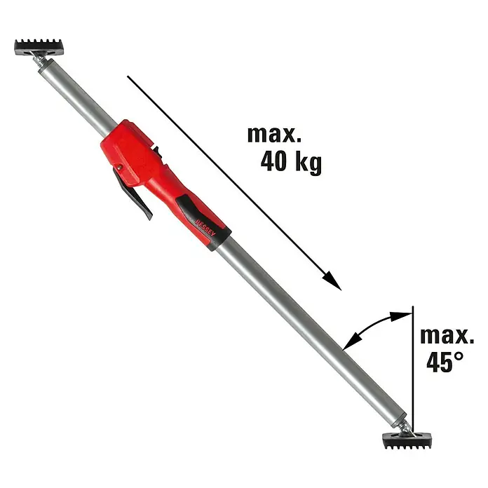 Bessey Montagestütze STE 250 - Verstellbereich: 145 cm - 250 cm - Bessey Stütze mit einer maximalen Belastung von 40 kg und einem maximalen Winkel von 45 Grad. Das Gerät ist silbern und rot.