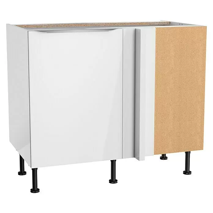 Optifit Eck-Unterschrank Optikomfort Arvid 986 - L x B x H: 58,4 x 100 x 87 cm, Glanz Lack Weiß - Teilweise montierter weißer Küchenunterschrank mit sichtbarem Spanplatteninneren und schwarzen verstellbaren Beinen.