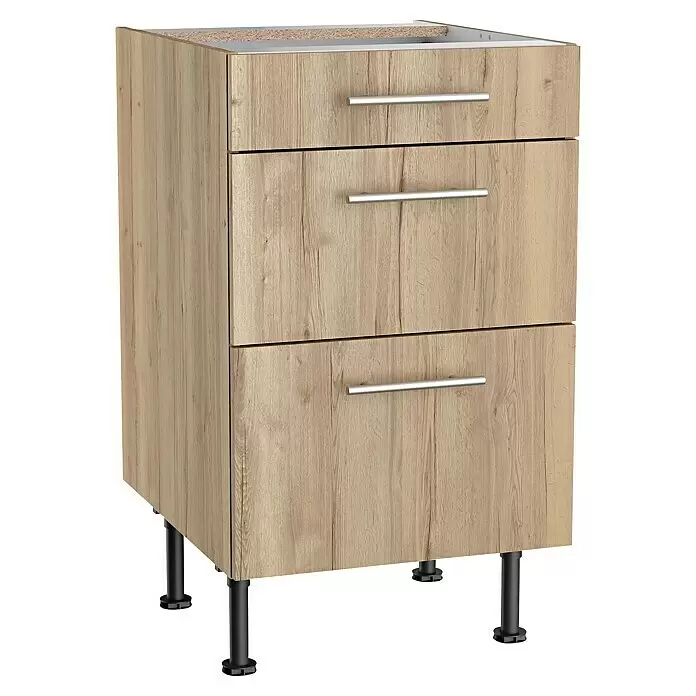 Optifit Küchen-Unterschrank Erik290 - L x B x H: 58,1 x 50 x 87 cm, Mit 3 Schubkästen - Helles Holzoptik-Schrank mit drei Schubladen, silbernen Griffen und schwarzen verstellbaren Beinen.