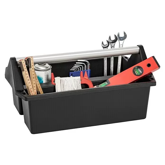 Lockweiler Werkzeugträger Magnus TR8 - Polypropylen - Schwarze Kunststoff-Werkzeugkiste mit silbernem Griff, gefüllt mit verschiedenen Handwerkzeugen wie Zollstock, Schraubenschlüsseln und Wasserwaage.