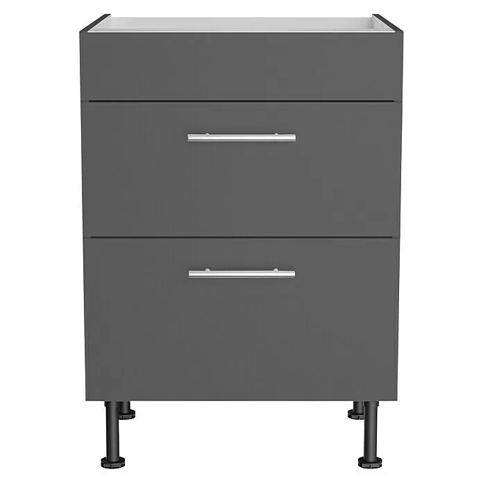 Optifit Küchen-Unterschrank Ingvar420 - L x B x H: 58,1 x 60 x 87 cm, Anthrazit matt, Für Kochfeld - Dunkelgrauer Unterschrank mit zwei Schubladen, silbernen Griffen und schwarzen Füßen, mit weißer Innenseite.