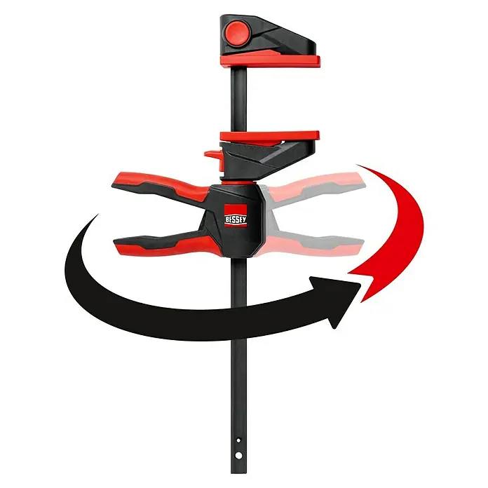 Bessey Einhandzwinge EZ 360-45 - Spannweite: 450 mm, Ausladung: 80 mm - Der Bessey Hebelzwinge im Detail mit den Drehrichtungspfeilen für die Bewegung des Hebels. Hochwertige Verarbeitung für den professionellen Einsatz.