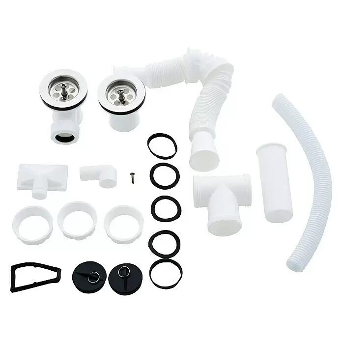 Set de fregadero empotrado CR/CT con cesta y tabla de acero inoxidable - Diámetro: 450 mm, Acero inoxidable - Kit de desagüe de plástico blanco para fregadero/bañera con coladores cromados, tubos, conectores, juntas y tapones.