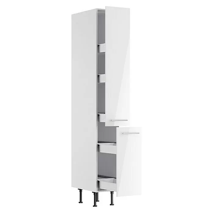 Optifit Apotheker-Hochschrank Optikomfort Rurik986 - L x B x H: 58,1 x 30 x 211,8 cm, Glanz Lack Weiß - Hoher weißer Vorratsschrank mit mehreren internen Auszügen, stehend auf verstellbaren schwarzen Beinen.
