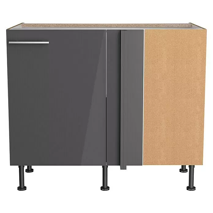 Optifit Eck-Unterschrank Jonte984 - L x B x H: 58,4 x 100 x 87 cm, Glanz Lack Anthrazit - Dunkelgrauer zweitüriger Küchenunterschrank mit glänzenden Fronten, einem Chromgriff, einer unverkleideten Spanplattenseite und schwarzen Stellfüßen.