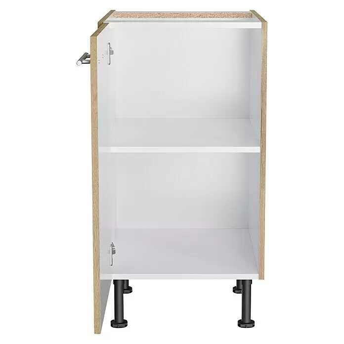 Optifit Unterschrank Erik290 - L x B x H: 58,1 x 45 x 87 cm, Nachbildung Wildeiche - Offener Unterschrank in heller Holzoptik mit weißem Innenraum, einem Einlegeboden und schwarzen verstellbaren Füßen.