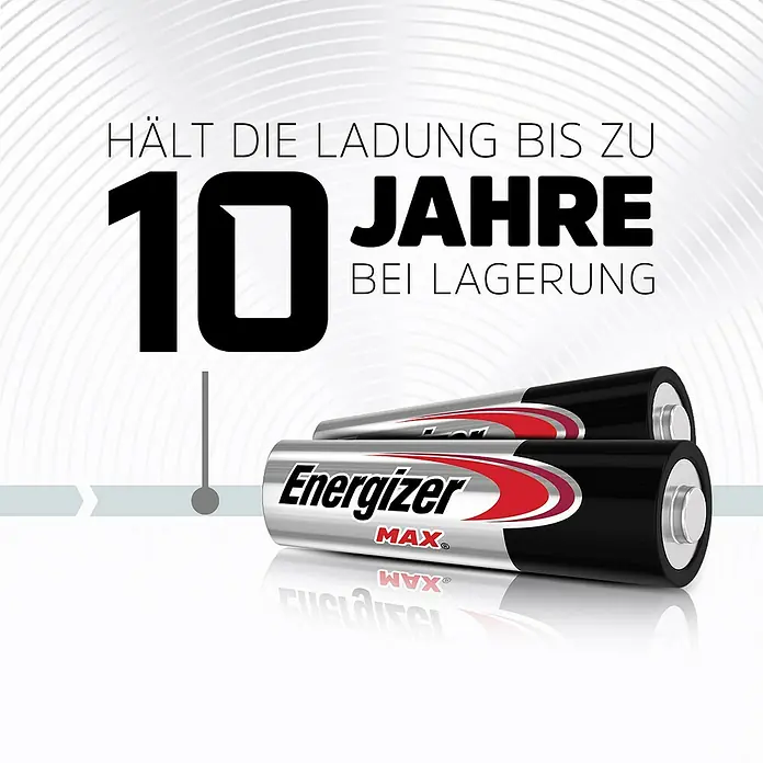 Energizer Max Batterie - Micro AAA, 1,5 V, Alkali-Mangan, 20 Stk. - Darstellung von zwei Energizer MAX Batterien mit dem Text "Hält die Ladung bis zu 10 Jahre bei Lagerung".