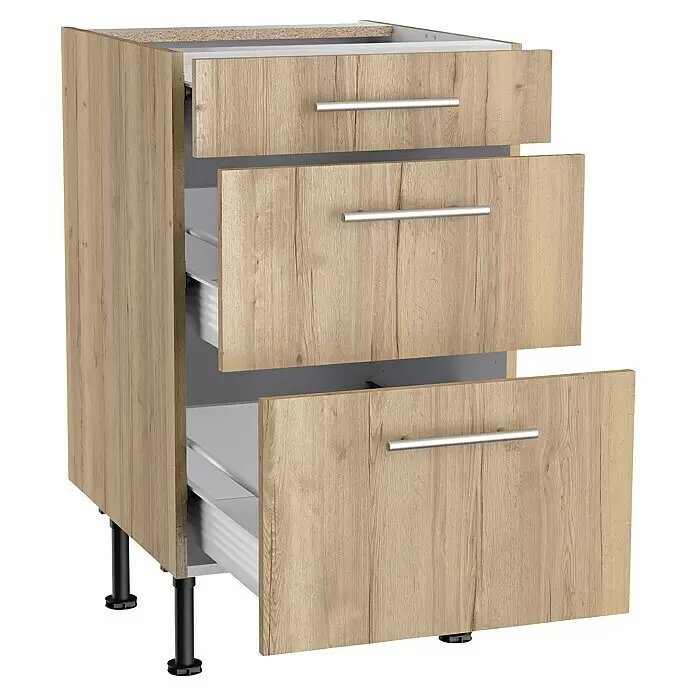 Optifit Küchen-Unterschrank Erik290 - L x B x H: 58,1 x 50 x 87 cm, Mit 3 Schubkästen - Heller Holzmaserung 3-Schubladen-Küchenunterschrank mit silbernen Griffen und schwarzen Beinen, Schubladen leicht geöffnet.