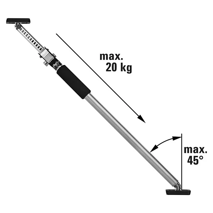Bessey Montagestütze ST 250 - Verstellbereich: 145 cm - 250 cm - Produktbild einer verstellbaren Stützstange, die eine maximale Belastung von 20 kg und einen Winkel von bis zu 45° unterstützt.