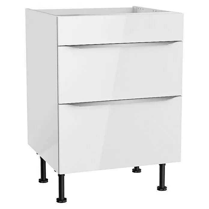 Optifit Unterschrank Optikomfort Arvid 986 - 58,1 x 60 x 87 cm, Glanz Lack Weiß, Für Kochfeld - Weißer Hochglanz-Unterschrank mit drei Schubladen und integrierten Griffen, auf schwarzen Füßen.