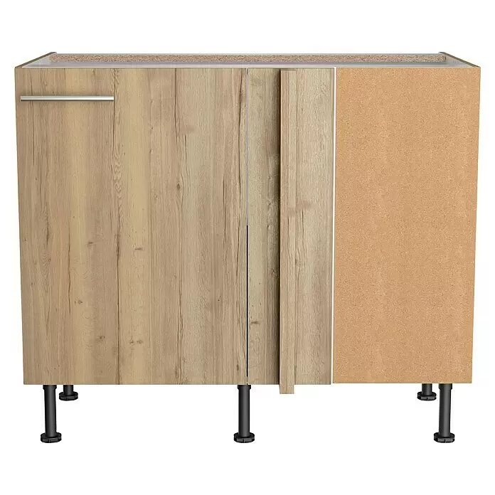 Optifit Eck-Unterschrank Erik290 - L x B x H: 58,4 x 100 x 87 cm, Nachbildung Wildeiche - Heller Küchenunterschrank in Holzoptik mit silbernen Griffen und schwarzen Füßen, eine Seite aus unbehandelter Spanplatte.