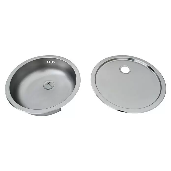 Set de fregadero empotrado CR/CT con cesta y tabla de acero inoxidable - Diámetro: 450 mm, Acero inoxidable - Un fregadero de cocina redondo de acero inoxidable plateado con desagüe y rebosadero, y una tapa redonda a juego.