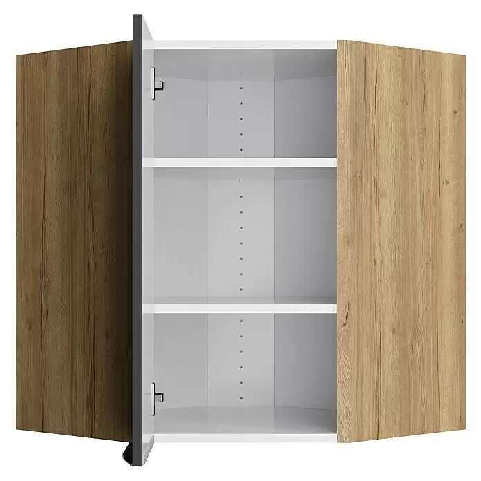 Optifit Eck-Hängeschrank Optikomfort Linus984 - L x B x H: 34,6 x 60 x 70,4 cm, Glanz Lack Anthrazit - Offener zweitüriger Schrank mit holzgemaserten Türen (eine dunkel, eine hell) und weißen Einlegeböden.