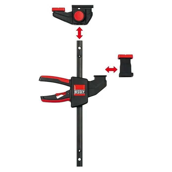 Bessey Einhandzwinge EZR - Spannweite: 150 mm, Ausladung: 60 mm - BESSEY Hebelzwinge mit rotem Griff und abnehmbaren Teilen. Vielseitiges Werkzeug für verschiedene Spannaufgaben in der Werkstatt.