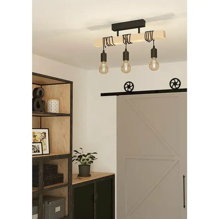 Eglo Townshend Deckenleuchte - 180 W, L x B x H: 55 x 10,5 x 26,5 cm, Braun, Schwarz, 3 Stk., E27 - Hängelampe mit drei Glühbirnen an einem Holzbalken und schwarzer Halterung. Rustikaler Stil, ideal für Wohnzimmer.