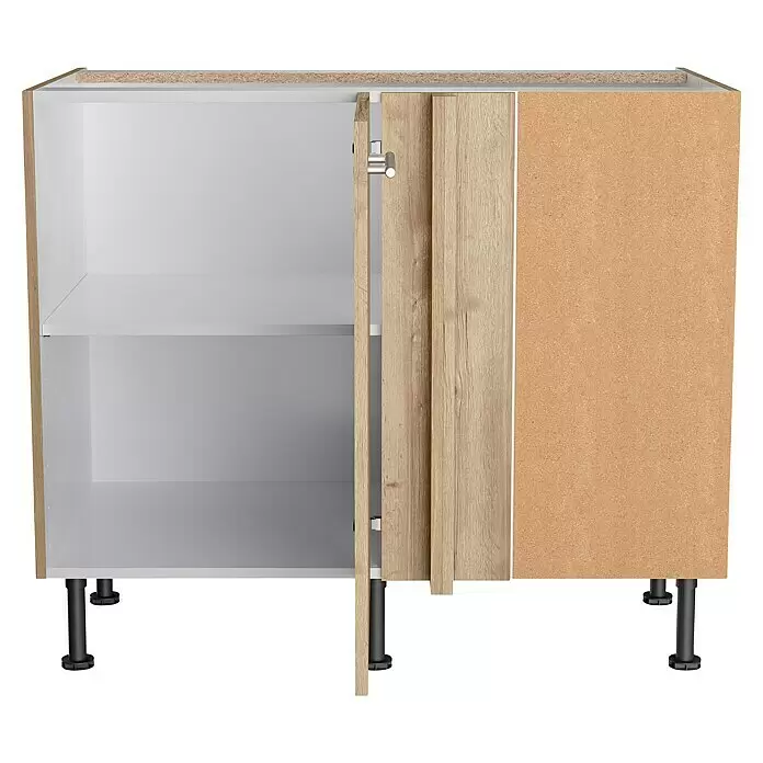 Optifit Eck-Unterschrank Erik290 - L x B x H: 58,4 x 100 x 87 cm, Nachbildung Wildeiche - Teilweise montierter Küchenunterschrank mit weißem Innenraum, einer hellen Holz-Optik-Tür und roher Spanplatten-Außenseite auf verstellbaren schwarzen Füßen.