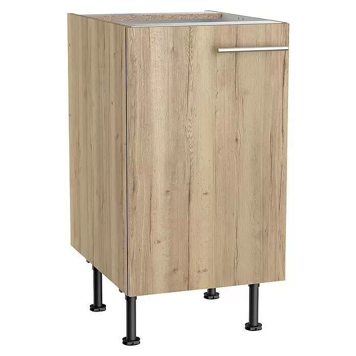 Optifit Unterschrank Erik290 - L x B x H: 58,1 x 45 x 87 cm, Nachbildung Wildeiche - Unterschrank in heller Holzoptik mit silbernem Stangengriff und schwarzen verstellbaren Füßen.