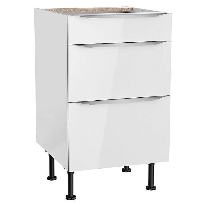 Optifit Unterschrank Optikomfort Arvid 986 - 58,1 x 50 x 87 cm, Glanz Lack Weiß, Mit Schubkasten und 2 Auszügen - Weißer dreischübiger Unterschrank mit integrierten Griffen und schwarzen verstellbaren Füßen.