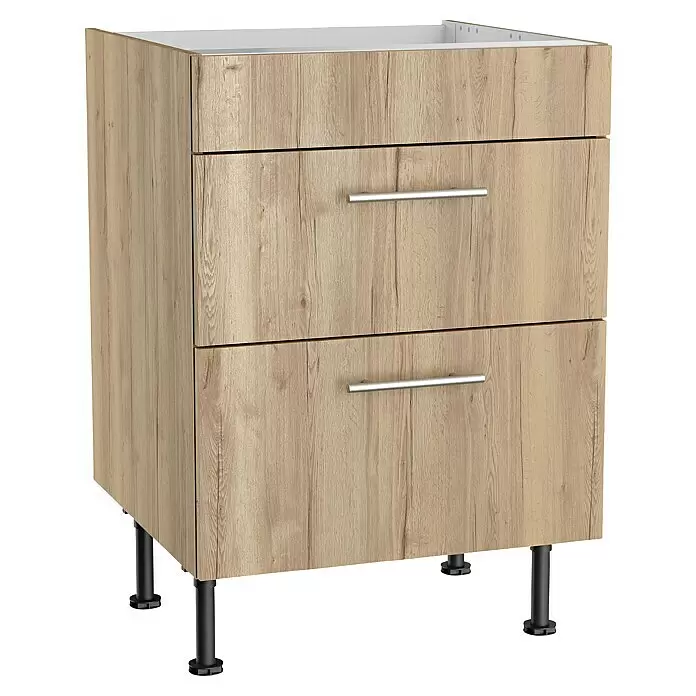 Optifit Küchen-Unterschrank Erik290 - L x B x H: 58,1 x 60 x 87 cm, Für Kochfeld - Schrank in heller Holzoptik mit zwei Schubladen und silbernen Griffen, auf verstellbaren schwarzen Füßen.