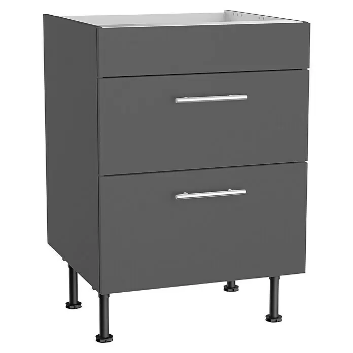Optifit Küchen-Unterschrank Ingvar420 - L x B x H: 58,1 x 60 x 87 cm, Anthrazit matt, Für Kochfeld - Dunkelgrauer Unterschrank mit zwei Schubladen, silbernen Griffen und verstellbaren schwarzen Beinen.