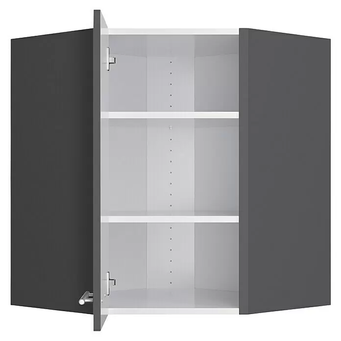 Optifit Eck-Hängeschrank Ingvar420 - L x B x H: 34,6 x 60 x 70,4 cm, Anthrazit matt - Dunkelgrauer Wandschrank mit zwei offenen Türen, drei weißen, verstellbaren Einlegeböden und sichtbaren Lochreihen.