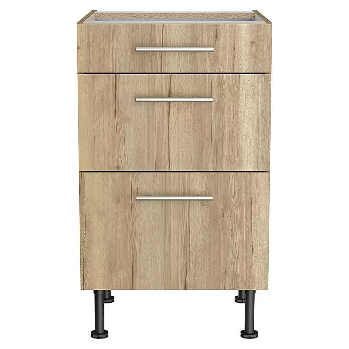 Optifit Küchen-Unterschrank Erik290 - L x B x H: 58,1 x 50 x 87 cm, Mit 3 Schubkästen - Heller Holz-Schubladenschrank mit drei Schubladen, silbernen Griffen und schwarzen verstellbaren Füßen.
