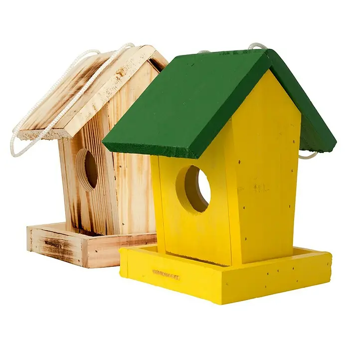 Windhager Vogelhaus - L x B x H: 18,5 x 14,5 x 23,5 cm, Natur, Geflammt, Holz - Zwei dekorative Vogelhäuser, eines aus naturbelassenem Holz und eines gelb mit grünem Dach, bieten Vögeln ein Zuhause.