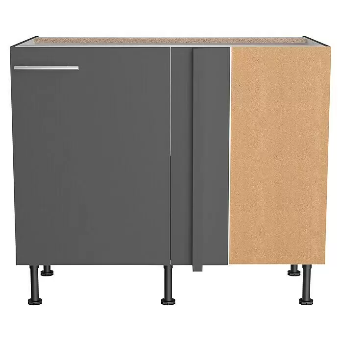 Optifit Eck-Unterschrank Ingvar420 - L x B x H: 58,4 x 100 x 87 cm, Anthrazit matt - Dunkelgrauer Küchenunterschrank mit silbernem Griff, rechts mit roher Spanplatte, auf schwarzen verstellbaren Beinen.