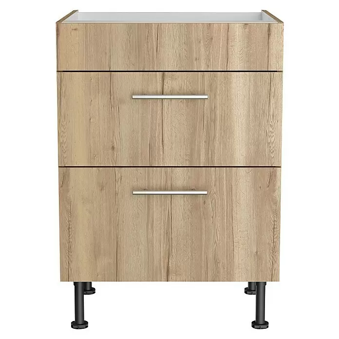Optifit Küchen-Unterschrank Erik290 - L x B x H: 58,1 x 60 x 87 cm, Für Kochfeld - Zweischubladen-Unterschrank in heller Holzoptik mit silbernen Griffen und schwarzen Füßen.