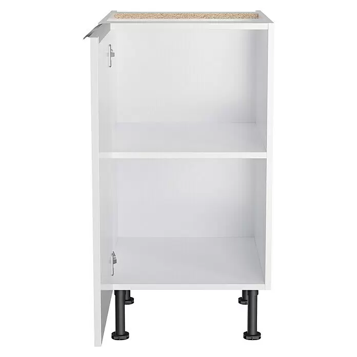 Optifit Unterschrank Optikomfort Arvid 986 - 58,1 x 45 x 87 cm, Glanz Lack Weiß - Weißer Küchenunterschrank mit verstellbarem Einlegeboden und schwarzen verstellbaren Füßen.