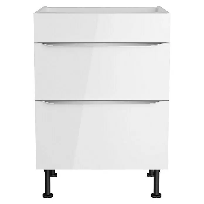 Optifit Unterschrank Optikomfort Arvid 986 - 58,1 x 60 x 87 cm, Glanz Lack Weiß, Für Kochfeld - Weißer Unterschrank mit zwei Schubladen, integrierten Griffen und schwarzen verstellbaren Füßen.