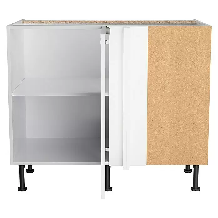 Optifit Eck-Unterschrank Optikomfort Arvid 986 - L x B x H: 58,4 x 100 x 87 cm, Glanz Lack Weiß - Offener weißer Küchenunterschrank mit roher Spanplatten-Seite und -Rückwand, inklusive Regalböden und schwarzen verstellbaren Füßen.