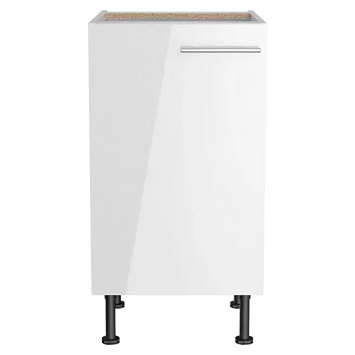 Optifit Unterschrank Optikomfort Rurik986 - L x B x H: 58,1 x 45 x 87 cm, Glanz Lack Weiß - Weißer Hochglanz-Küchenunterschrank mit silbernem Griff, Spanplattenkante und schwarzen verstellbaren Füßen.