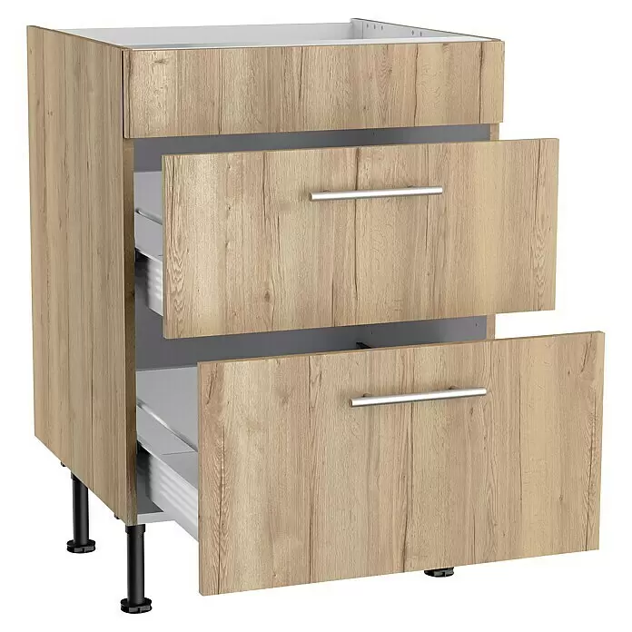 Optifit Küchen-Unterschrank Erik290 - L x B x H: 58,1 x 60 x 87 cm, Für Kochfeld - Helles Küchenunterschrank in Holzoptik mit zwei geöffneten Schubladen und schwarzen verstellbaren Füßen.
