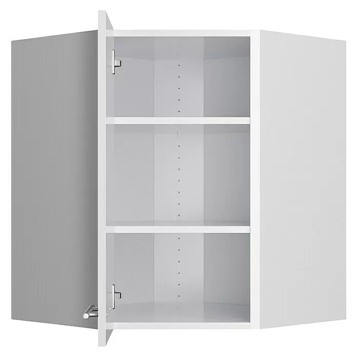 Optifit Eck-Hängeschrank Optikomfort Rurik986 - L x B x H: 34,6 x 60 x 70,4 cm, Glanz Lack Weiß - Weißer offener Wandschrank mit drei verstellbaren Einlegeböden und einer grauen Tür.