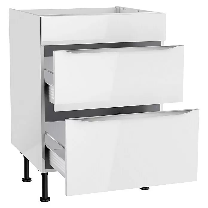 Optifit Unterschrank Optikomfort Arvid 986 - 58,1 x 60 x 87 cm, Glanz Lack Weiß, Für Kochfeld - Weißer Küchenunterschrank mit drei Schubladen, zwei davon offen. Mit verstellbaren schwarzen Füßen.