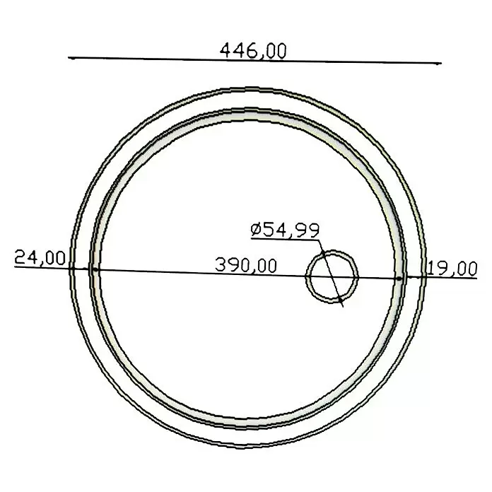 Set de fregadero empotrado CR/CT con cesta y tabla de acero inoxidable - Diámetro: 450 mm, Acero inoxidable - Dibujo técnico de un componente circular con un orificio circular descentrado y dimensiones.