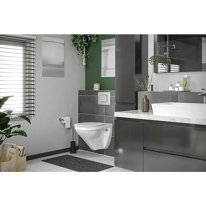 Villeroy & Boch Wand-WC Omnia Pro - Mit Spülrand, Mit schmutzabweisender Glasur, Spülform: Tief, WC Abgang: Waagerecht, Weiß - Modernes Badezimmer mit einer wandhängenden Toilette und einem stilvollen Waschtisch. Das schlichte Design und die grauen Farbtöne sorgen für Eleganz.