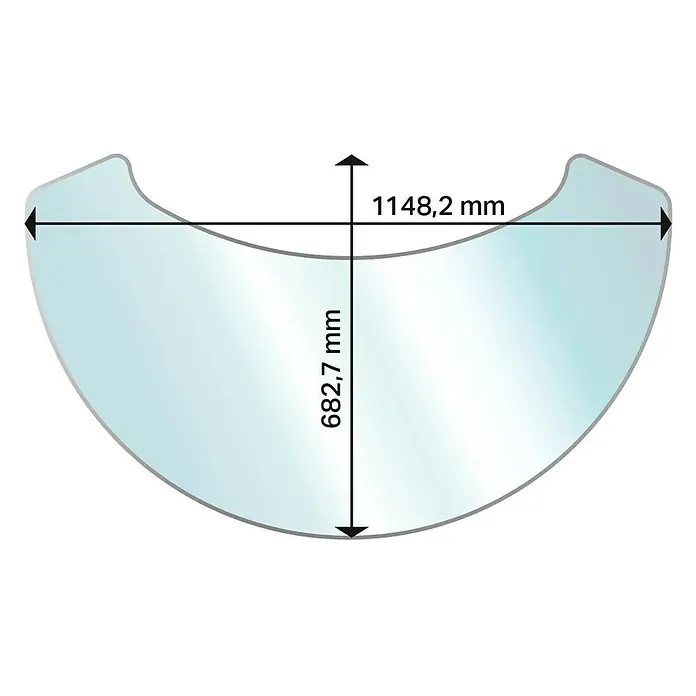 Aduro Glasbodenplatte - 114,8 x 68,3 cm, Rund - Abbildung einer Windschutzscheibe mit den Maßen 1148,2 mm in der Breite und 682,7 mm in der Höhe, ideal für Schutz vor Wind.