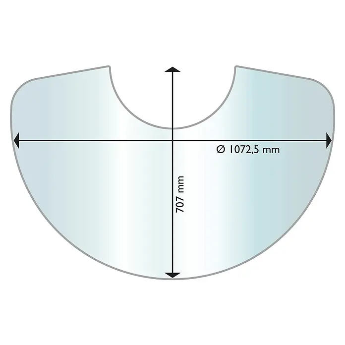 Aduro Glasbodenplatte - B x L: 70,7 x 107,5 cm, Gebogen - Abbildung der Duschwand mit den Maßen 1072,5 mm im Durchmesser und 707 mm in der Höhe für eine optimale Duschumgebung.