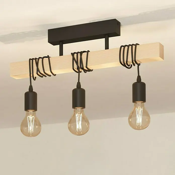 Eglo Townshend Deckenleuchte - 180 W, L x B x H: 55 x 10,5 x 26,5 cm, Braun, Schwarz, 3 Stk., E27 - Moderne Deckenleuchte mit Holzbalken und drei Edison-Glühbirnen, die ein warmes, einladendes Licht ausstrahlen. Perfekt für Wohn- oder Esszimmer.