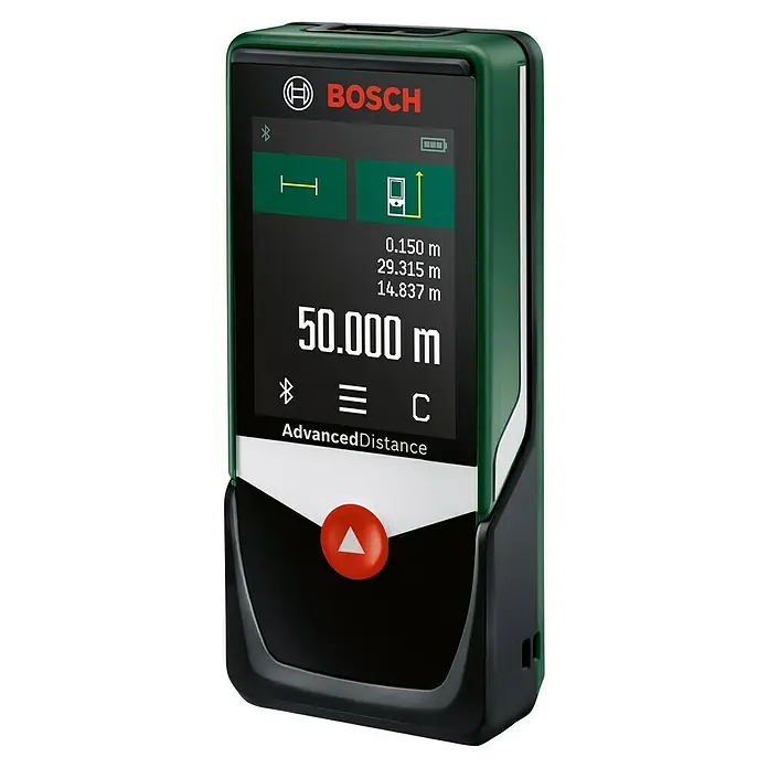 Bosch Advanced Laserentfernungsmesser AdvancedDistance 50 C - Messbereich: 0,05 - 50 m, Bluetooth 4.0 - Das Bild zeigt einen Bosch Advanced Distance Laser-Entfernungsmesser mit digitalem Display, der präzise Messungen anzeigt.