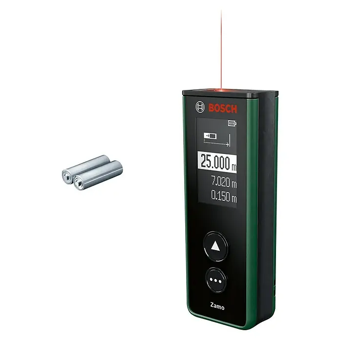 Bosch Laserentfernungsmesser ZAMO IV - 3 -tlg., Max. Arbeitsbereich: 25 m - Laser-Entfernungsmesser Bosch Zamo mit rotem Laserstrahl, zwei Batterien liegen daneben. Das Gerät zeigt eine Entfernung von 25 Metern an.