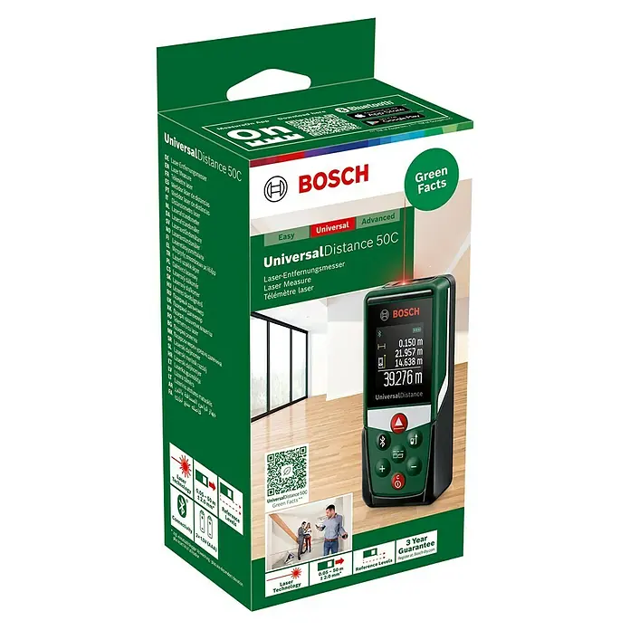Bosch Universal Medidor de distancia láser Distance 50C - Gama de medición: 0,05 m - 50 m, Bluetooth 4.0 - Imagen del paquete de un medidor láser de distancia Bosch Universal Distance 50C, para proyectos de bricolaje.