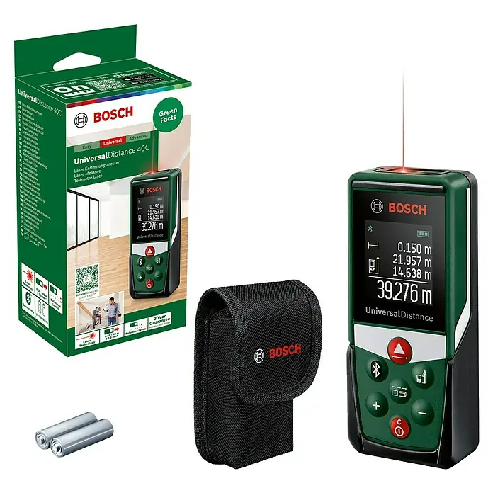 Bosch Universal Laserentfernungsmesser UniversalDistance 40 C - Messbereich: 0,05 - 40 m, Bluetooth 4.0 - Produktbild des Bosch Universal Distance 40C Laser-Entfernungsmessers mit Zubehör, ideal für präzise Messungen im Innenbereich.