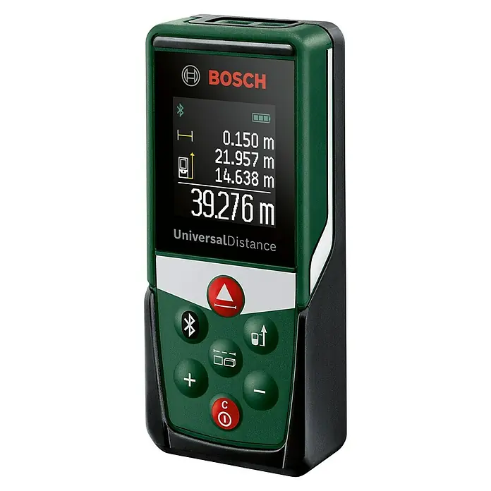 Bosch Universal Laserentfernungsmesser UniversalDistance 40 C - Messbereich: 0,05 - 40 m, Bluetooth 4.0 - Das Bild zeigt einen grünen Bosch Universal Distance Entfernungsmesser mit Display und Bedienknöpfen. Ideal zum präzisen Messen von Distanzen.
