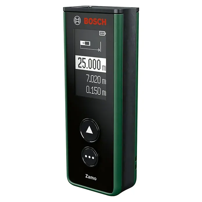 Bosch Laserentfernungsmesser ZAMO IV - 3 -tlg., Max. Arbeitsbereich: 25 m - Das Bild zeigt ein Bosch Zamo digitales Lasermessgerät mit grünem Rahmen, das präzise Messungen auf einem Bildschirm anzeigt.