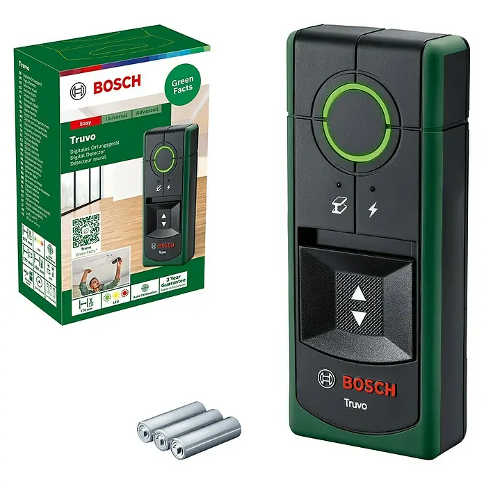 Bosch Ortungsgerät Truvo II - Geeignet für: Aufspüren von spannungsführenden Leitungen und Metall, Erfassungstiefe: Max. 70 mm Eisenmetalle - Abbildung des Bosch Truvo-Detektors mit Verpackung und Batterien. Er ist zum Auffinden von Objekten in Wänden konzipiert.